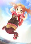 :d bag bookbag brown_hair child day hood hood_down hoodie jumping knees_together_feet_apart knees_touching lens_flare midair open_mouth original pantyhose shoes short_hair sky smile sneakers solo tachitsu_teto twintails yellow_eyes 