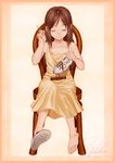  bare_shoulders barefoot brown_hair chair closed_eyes feet full_body light_smile long_hair original shoes signature single_shoe sitting smile solo stitches yukihiro 