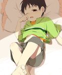  bad_id bad_pixiv_id barefoot blush caterpillar_(artist) child feet lying male_focus on_back one_eye_closed onozawa_yuuki pillow shorts solo sweat tokyo_magnitude_8.0 