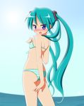  ass bikini blue_eyes blush cosplay day flat_chest green_hair hatsune_miku hatsune_miku_(cosplay) hiiragi_kagami looking_back lucky_star mel_(melty_pot) project_diva project_diva_(series) solo striped striped_bikini swimsuit swimwear_(module) tsurime twintails vocaloid 