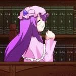  :&lt; animated animated_gif book closed_eyes hands_clasped library lowres lyrical_nanoha mahou_shoujo_lyrical_nanoha_strikers own_hands_together parody patchouli_knowledge solo spinning touhou tsuyuki_(yukitgraph) voile 