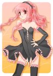  ahoge bare_shoulders black_legwear elbow_gloves flat_chest frilled_legwear frills garters gloves headdress kohaku_(raynart) long_hair louise_francoise_le_blanc_de_la_valliere pink_eyes pink_hair solo thighhighs zero_no_tsukaima zettai_ryouiki 