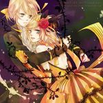  1girl aku_no_musume_(vocaloid) allen_avadonia aqua_eyes blonde_hair brother_and_sister dress elbow_gloves evillious_nendaiki flower gloves hair_ribbon hug kagamine_len kagamine_rin ribbon riliane_lucifen_d'autriche rose short_hair siblings twins vocaloid yellow_dress yoshinori_(fmn) 