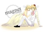  1girl angel_wings aqua_eyes bad_id bad_pixiv_id blonde_hair bow brother_and_sister crown dress fingerless_gloves formal gloves hair_ribbon headphones headset kagamine_len kagamine_rin magnet_(vocaloid) mizu_(mizkiaaa) ribbon short_hair siblings suit twins vocaloid white_dress wings 