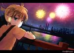  aerial_fireworks aqua_eyes bad_id bad_pixiv_id blonde_hair cityscape fire_flower_(vocaloid) fireworks headphones kagamine_len male_focus night ponytail solo usui_(tripcube) vocaloid water 