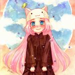  animal_hat blue_eyes blush bug butterfly cat_hat haruka_(maake) hat insect long_hair megurine_luka megurine_luka_(toeto) pink_hair smile solo tears toeto_(vocaloid) traditional_media vocaloid 