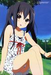 absurdres bare_shoulders black_hair blush day dress happy highres horiguchi_yukiko k-on! megami nakano_azusa non-web_source official_art open_mouth red_eyes sitting smile solo sundress twintails 