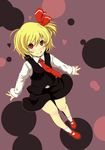  :d bad_id bad_pixiv_id blonde_hair hair_ribbon highres necktie open_mouth red_eyes red_neckwear ribbon rumia short_hair smile solo touhou tsuttsu 