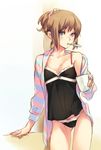  blue_eyes bow bow_panties brown_hair camisole contrapposto cup miyata_souji mouth_hold original panties robe short_hair solo standing toothbrush underwear 