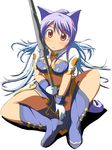  animal_ears blue_footwear boots dog_ears highres judith kemonomimi_mode knee_boots mirano polearm purple_hair red_eyes sitting solo spear tales_of_(series) tales_of_vesperia weapon 