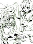  alice_margatroid cake cup eating food fork hat kirisame_marisa knife monochrome multiple_girls open_mouth pastry plate saucer short_hair sitting standing table teacup teapot touhou youko_(santarose) 