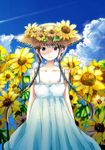  braid brown_eyes brown_hair cloud day dress flower hair_over_shoulder hat long_hair original sky smile solo straw_hat sugano_manami sunflower twin_braids 