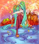  aqua_eyes bad_id bad_pixiv_id blue_hair bottle flower gift gradient_hair green_hair hair_ribbon hatsune_miku holding holding_gift katsu_ryouji long_hair multicolored_hair petals ribbon shoes single_shoe sitting skirt smile solo thighhighs twintails very_long_hair vocaloid world_is_mine_(vocaloid) zettai_ryouiki 