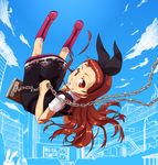  boots brown_hair cloud cross-laced_footwear dress hairband idolmaster idolmaster_(classic) lace-up_boots long_hair looking_back minase_iori outdoors pink_footwear red_eyes sky smile solo swing ttomm white_legwear 