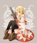  agrias_oaks b.tarou blonde_hair blush braid brown_eyes class_change final_fantasy final_fantasy_tactics gloves long_hair robe shoes sitting solo sword thighhighs weapon white_mage white_mage_(fft) 