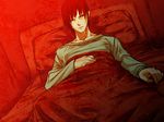  1boy bed black_hair game_cg hospital hospital_bed lying male male_focus on_bed pillow red sakisaka_fuminori saya_no_uta solo 