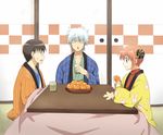  2boys closed_eyes food fruit gintama glasses kagura_(gintama) kotatsu mandarin_orange maruki_(punchiki) multiple_boys sakata_gintoki shimura_shinpachi table 