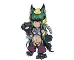  animal_ears anubis_(monster_girl_encyclopedia) armlet breasts chibi dog_ears dog_paws dog_tail full_body green_hair long_hair midriff monster_girl monster_girl_encyclopedia navel paws pink_eyes simple_background solo tail tokamaku very_long_hair white_background 