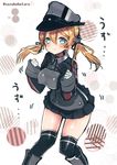  :3 anchor_hair_ornament black_legwear black_ribbon black_skirt blonde_hair blue_eyes blush breasts gloves hair_ornament hair_ribbon hat iron_cross kantai_collection large_breasts long_hair long_sleeves microskirt military military_uniform motion_lines over-kneehighs peaked_cap pleated_skirt prinz_eugen_(kantai_collection) ribbon skirt smile solo suzuho_hotaru thighhighs translation_request twintails twitter_username uniform white_gloves 
