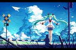  ^_^ absurdres ahoge aqua_hair baisi_shaonian barbed_wire bird closed_eyes cloud day hair_ribbon hatsune_miku highres legs letterboxed long_hair midriff navel outdoors outstretched_arms paper_airplane railroad_crossing ribbon sailor_collar short_sleeves shorts sky smile solo standing twintails very_long_hair vocaloid 