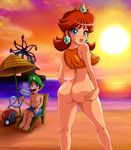  1boy 1girl ass beach bottomless luigi nintendo no_panties princess_daisy sigurdhosenfeld sunset super_mario_bros. 