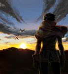  bird capelet chainmail dusk from_behind gloves hpa_(foolish_factory) lens_flare male_focus mountain nature sigmund_(reginleiv) solo sunset wind zangeki_no_reginleiv 