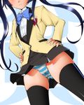  black_hair black_legwear blue_panties blush cameltoe dr_rex hands_on_hips head_out_of_frame lace lace-trimmed_panties long_hair looking_at_viewer ore_twintail_ni_narimasu panties pantyshot pantyshot_(standing) solo standing striped striped_panties thighhighs tsube_aika twintails underwear 