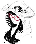  bangs black_hair blunt_bangs glasses highres hood hoodie horned_girl_(jaco) horns horns_through_headwear jaco long_hair looking_at_viewer monochrome original red-framed_eyewear red_eyes simple_background smile solo spot_color upper_body white_background 