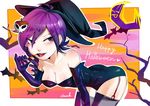  1girl absurdres bare_shoulders blue_eyes breasts candy chuck_lin drill_hair elbow_gloves gloves hair_ornament halloween hat highres latex latex_gloves long_hair purple_hair skull_hair_ornament thighhighs witch_hat zone-tan 