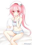  blush cinderella_bust harusame_(kantai_collection) hat kantai_collection long_hair looking_at_viewer midriff navel nikoo pillow pink_eyes pink_hair side_ponytail sitting solo twitter_username underwear underwear_only very_long_hair 