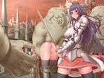  3girls angry armor blue_hair blush breasts castle censored cum cum_in_pussy cumdrip highres kinoshita_(air_hike) large_breasts legs long_hair looking_away monster multiple_girls no_panties orc orc_ni_maketa_kuni_5 pussy red_eyes skirt standing sweat sword thighhighs thighs weapon 