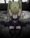  1girl bent_knees blonde_hair boots breasts choker cleavage elbow_gloves fishnet_legwear fishnets gloves indoors large_breasts lieselotte_sherlock long_hair looking_down midriff navel purple_eyes screencap seiza sitting sitting_on_floor thigh_boots thighhighs thighs trinity_seven twintails v_arms window 