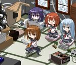  &gt;_&lt; 4girls :d akatsuki_(kantai_collection) black_legwear blue_eyes brown_eyes brown_hair censored closed_eyes controller failure_penguin fang folded_ponytail futon game_controller hair_ornament hairclip hibiki_(kantai_collection) ikazuchi_(kantai_collection) inazuma_(kantai_collection) kantai_collection kenshin_dragon_quest kotatsu long_hair lying miss_cloud multiple_girls neckerchief on_stomach open_mouth purple_eyes purple_hair school_uniform seiza serafuku short_hair silver_hair sitting skirt smile sword table thighhighs weapon window xd yamato_tachibana 