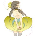  ass back bare_shoulders black_hair black_legwear blush brown_eyes bug butterfly butterfly_hair_ornament dress dress_lift from_behind hair_ornament insect long_hair looking_at_viewer looking_back original solo thighhighs twintails wind wind_lift zpolice 