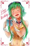  blush closed_eyes gift goggles goggles_on_head green_hair gumi happy_birthday heart highres jaco open_mouth short_hair_with_long_locks sidelocks simple_background smile solo tears vocaloid white_background 