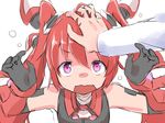  1girl elbow_gloves embarrassed flat_chest genderswap gloves hair_ornament hand_on_head long_hair mitsuka_souji ore_twintail_ni_narimasu petting pink_eyes red_hair sekiraame solo sweatdrop tail_red tailred twintails very_long_hair white_background 