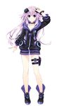  adult_neptune boots bracelet collar collarbone d-pad d-pad_hair_ornament full_body hair_ornament highres hood hooded_track_jacket jacket jewelry long_hair looking_at_viewer neptune_(series) official_art purple_eyes purple_hair shin_jigen_game_neptune_vii smile solo standing thigh_strap track_jacket transparent_background tsunako v 