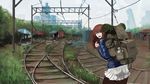  awning backpack bag canteen corrugated_galvanised_iron_sheet green_eyes highres jacket jittsu open_mouth original overhead_line pantyhose power_lines railroad_tracks red_hair russian shipping_container sign skirt skyline slums solo table translated umbrella 