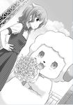  :&lt; :3 :d amagi_brilliant_park arm_at_side blush bouquet buttons closed_mouth cloud cloudy_sky creature dress dutch_angle fang flower greyscale hand_on_hip holding holding_bouquet looking_at_viewer macaron_(amaburi) monochrome nakajima_yuka open_mouth outdoors pinafore_dress polka_dot polka_dot_dress rose short_hair short_sleeves sky smile spoilers wavy_hair 