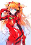 adjusting_hair bangs blue_eyes bodysuit bracer chkuyomi clenched_hand contrapposto cowboy_shot gloves gradient gradient_background hair_between_eyes hair_ornament long_hair looking_at_viewer neon_genesis_evangelion number orange_hair parted_lips pilot_suit plugsuit shiny shiny_clothes signature sketch slender_waist solo souryuu_asuka_langley standing turtleneck two_side_up very_long_hair wavy_hair 