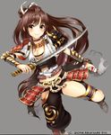  armor blush brown_eyes brown_hair closed_mouth collarbone female gray_background grey_background hisahisahisahisa holding holding_sword holding_weapon katana long_hair looking_at_viewer original simple_background smile solo straight_hair sword weapon 