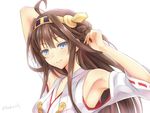  1girl ahoge armpit armpits arms_up artist_request blue_eyes brown_hair female gemale kanden_suki kantai_collection kongou_(kantai_collection) lips long_hair looking_at_viewer nontraditional_miko simple_background smile solo twitter_username white_background 