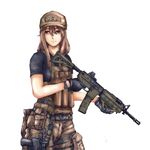  absurdres angled_foregrip assault_rifle bad_gun_anatomy baseball_cap black_gloves brown_eyes brown_hair chinatsu_(jormungand) eotech gloves gun hat highres holster jormungand knife load_bearing_vest long_hair m4_carbine military_operator moe olegna_zueqram rifle sheath sheathed shirt solo stanag_magazine t-shirt thigh_holster thigh_pouch weapon weapon_request white_background 