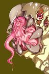  ass breasts extra_eyes green_background highres large_breasts long_hair monster_girl monster_girl_encyclopedia nude pink_hair pink_skin red_eyes saliva sandworm_(monster_girl_encyclopedia) sharp_teeth simple_background solo tattoo teeth tentacles tokamaku tongue 
