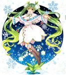  absurdly_long_hair aqua_eyes aqua_hair blush boots brown_footwear dress flower full_body green_eyes green_hair hair_ornament hairband hatsune_miku highres knee_boots long_hair looking_at_viewer neck_ribbon ribbon smile snowdrop_(flower) snowflakes solo twintails very_long_hair vocaloid white_dress yuki_miku zonana 