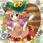  animal_ears bell brown_eyes brown_hair futatsuiwa_mamizou glasses gourd hands_on_hips hat leaf leaning_forward lowres natane_tsuyu notepad pince-nez raccoon_ears raccoon_tail smile solo tail touhou 