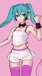  absurdres aqua_eyes aqua_hair arm_up breasts camisole choker closed_mouth crop_top crop_top_overhang hair_ornament hatsune_miku headphones highres long_hair mhg_(hellma) midriff miniskirt navel pink_background pink_legwear redial_(vocaloid) shirt simple_background skirt sleeveless sleeveless_shirt small_breasts smile solo thighhighs twintails very_long_hair vocaloid white_shirt wristband zettai_ryouiki 