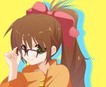  bespectacled bow brown_hair glasses green_eyes hair_bow itsumi1021 long_hair orange_shirt pink_bow ponytail scryed shirt smile solo yuuta_kanami 