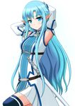  armpits arms_up asuna_(sao) asuna_(sao-alo) blue_eyes blue_hair blue_legwear blush cowboy_shot detached_sleeves long_hair natsuzakura_yuuki pointy_ears smile solo sword sword_art_online thighhighs very_long_hair weapon white_background zettai_ryouiki 