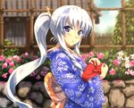  alternate_costume alternate_hairstyle blush commentary_request hair_ornament hair_stick highres japanese_clothes kamishirasawa_keine kezune_(i-_-i) kimono long_hair long_sleeves looking_at_viewer ponytail silver_hair solo touhou very_long_hair 